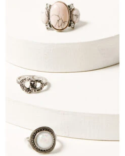 Prime Time Jewelry Women's Pink Marble & Silver Statement Ring Set