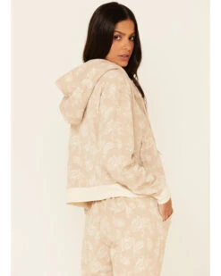 Idyllwind Women's Tan Floral Print Sherpa Zip-Front Hooded Jacket -Wraner Clothing Shop 2000342543 280 P4