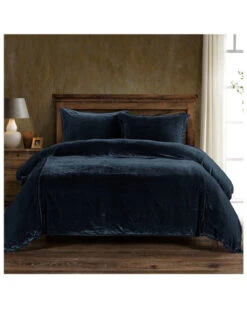HiEnd Accents Midnight Blue Stella Faux Silk & Velvet Super King 3-Piece Duvet Cover Set